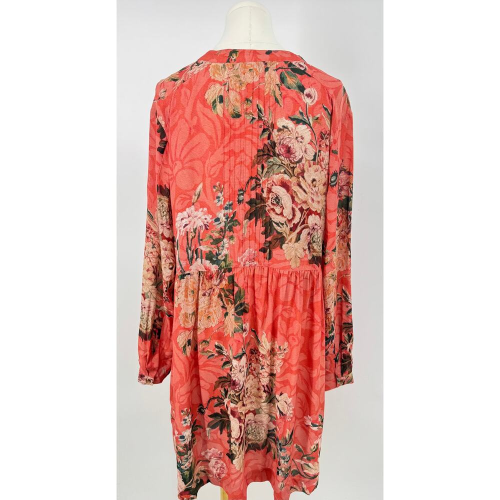 Peruvian Connection Coral Floral Split Neck Tunic Dress - Picture 2 of 9